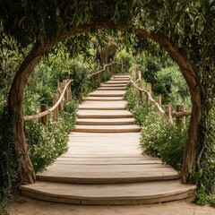 A Serene Wooden Path Gradually Ascending Through Vibrant Leaves and Beautiful Blooms Beneath a Canopy of Nature's Beauty
