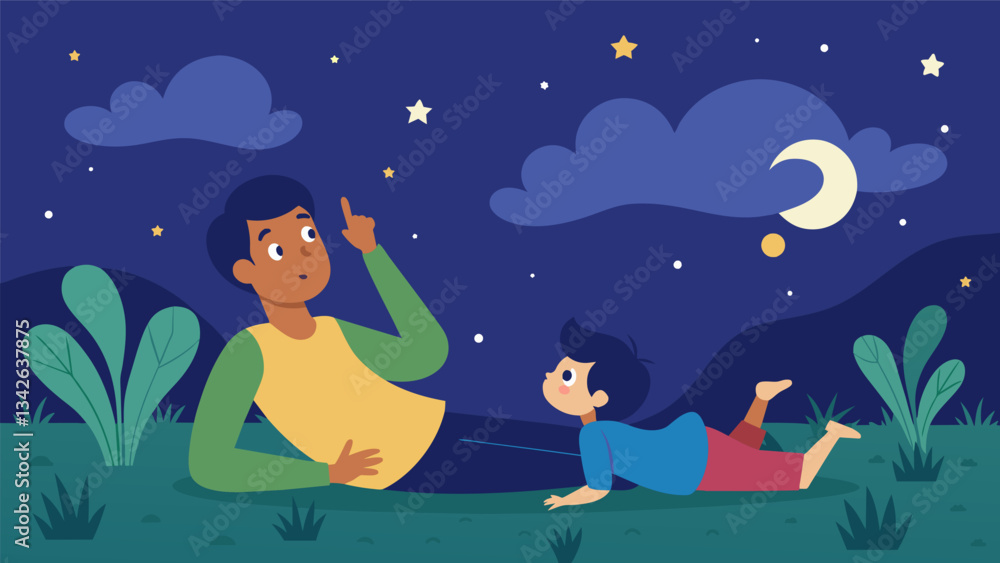 Poster a child laying in the grass with their parent asking endless questions about the stars and finding w