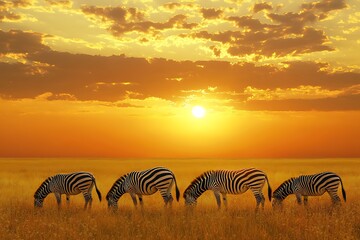 Zebras grazing in Africa at sunset on a savanna, with warm golden sunlight