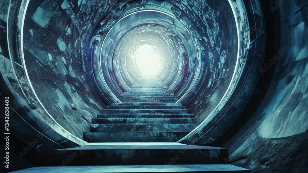Poster futuristic tunnel with glowing light and metallic steps sci fi exploration of mystery and intrigue i