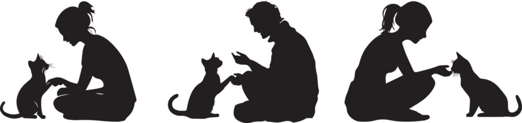 Silhouette of a person playing with a cat, happiness of companionship with pets vector silhouette
