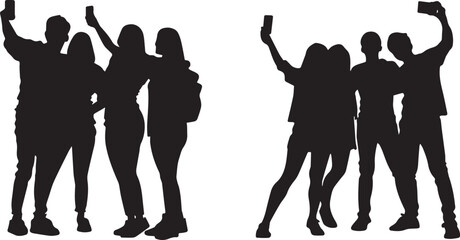 Silhouette of a group of friends taking a selfie together, shared happiness vector silhouette