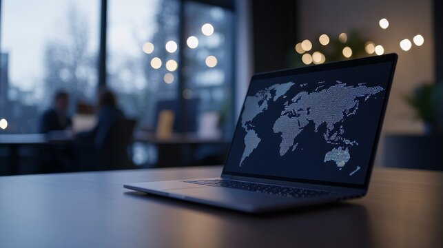 A laptop displays a world map, suggesting global business, networking, and international strategy in office setting.