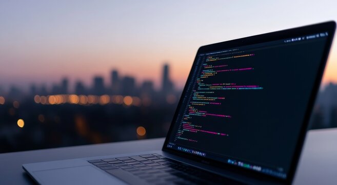 A laptop screen glows with code against a stunning sunset cityscape, representing modern software development. - Powered by Adobe