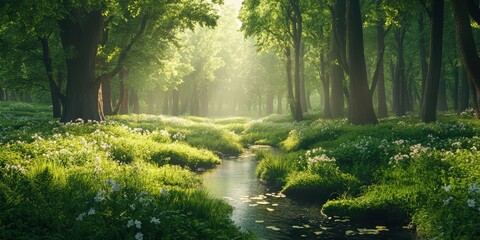 Obraz premium Serene Spring Forest with Sunlight and Gentle Stream