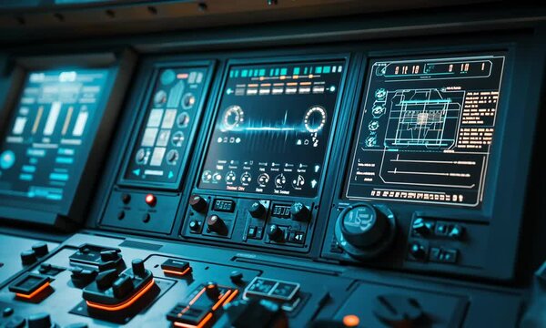 Futuristic Control Panel with Digital Screens and Glowing Interfaces in Modern Machinery