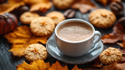 A warm and cozy autumn backdrop unfolds, featuring a steaming cup of rich coffee nestled amidst a plate of golden-hued cookies, evoking feelings of autumnal comfort and warmth.