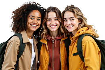 Fototapeta premium Cheerful friends smiling, young women with backpacks, joyful and cheerful, isolated on transparent background. Friendship, lifestyle, students.