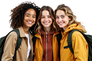 Cheerful friends smiling, young women with backpacks, joyful and cheerful, isolated on transparent background. Friendship, lifestyle, students.