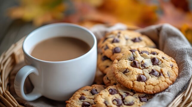 A cozy haven of autumn, where a warm mug of coffee and a basket of freshly baked chocolate chip cookies awaited, inviting relaxation and comfort in the crisp air.