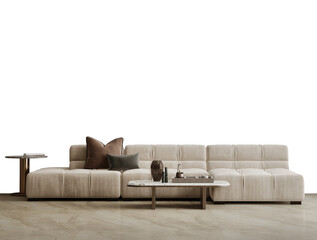 Wall mock up for modern living room with sofa and table isolated PNG. 3d rendering