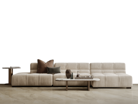 Wall mock up for modern living room with sofa and table isolated PNG. 3d rendering