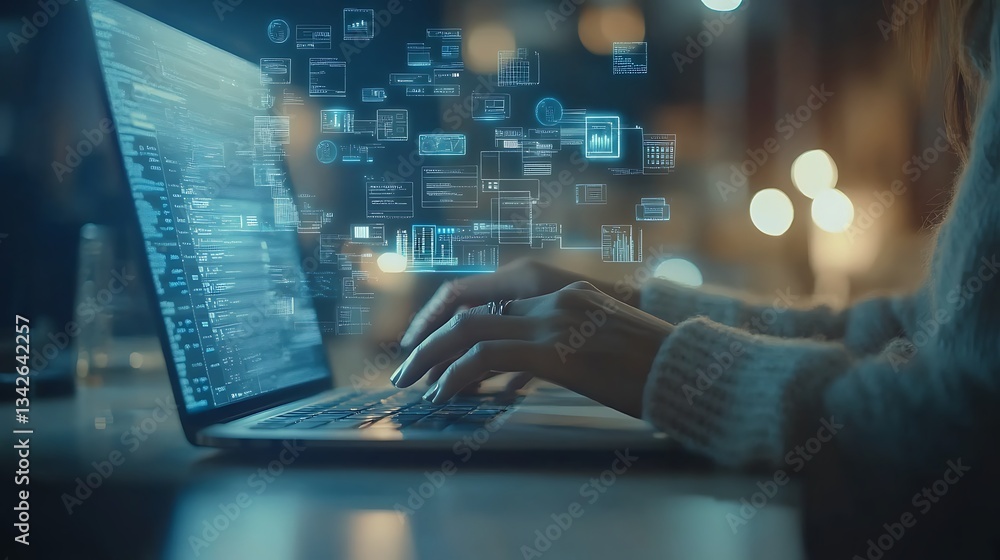 Poster typing on laptop with digital data overlay, person typing on a laptop with digital data graphics ove