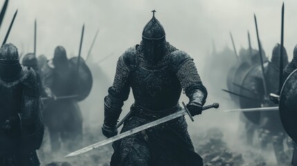 Armored Warrior Leading the Charge in a Battlefield Scene
