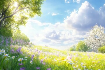Peaceful Spring Meadow with Blooming Wildflowers and Sunlight