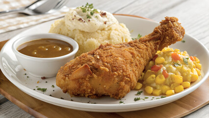 Delicious fried chicken meal with mashed potatoes, corn, and gravy. A comforting and savory dinner option. Enjoy every bite!
