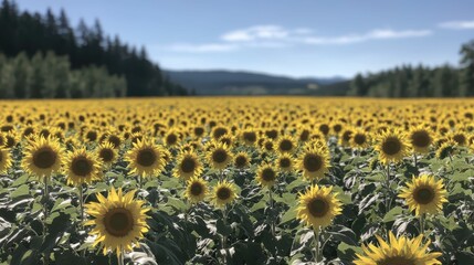 Obraz premium Bright Sunflowers Stretching Across a Vast Field Under Clear Sky