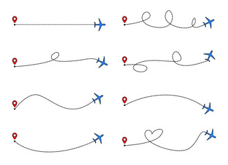 Airplane dotted route line set. Path travel line shapes. Flight route with start point and dash line trace for plane. Airplane line path travel line icon set.Airplane path in dotted line shape.
