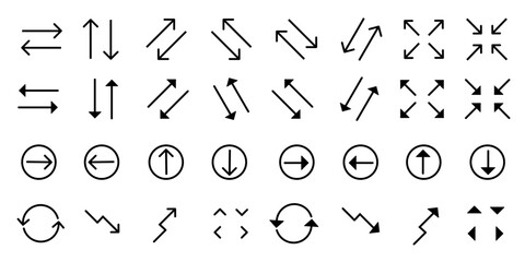 Arrows set of black icons. Arrow vector collection. Modern simple arrows. Vector illustration. Arrows UI isolated icons set. Set of line vector icon with editable stroke