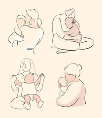 A set of elegant, minimalistic illustrations of mothers holding, hugging, and embracing their babies