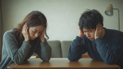 頭を抱えるカップル