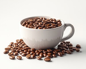 Full cup of roasted coffee beans spilling onto white surface featuring rich textures and deep brown shades, perfect for coffee lovers and culinary enthusiasts