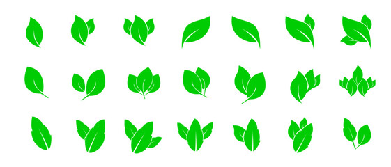 Obraz premium Green leaves icons set isolated on white background vector illustration. Vegan, tree, plant, fresh, energy and healthy nutrition concept. green leaf icons set on white background.