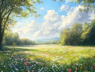 Fototapeta premium Peaceful Spring Meadow with Blooming Wildflowers and Sunlight