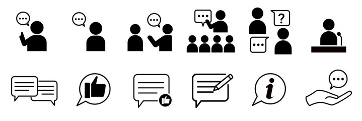Speaking and communication icon set. Containing advice, discussion, speech bubble, conversation, talking, question and answer, opinion, message, feedback, information. Vector illustration