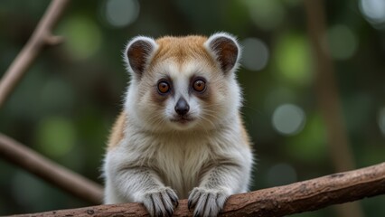 Obraz premium Close-up of a small lemur-like animal on a tree branch. The animal displays curious expression with large eyes