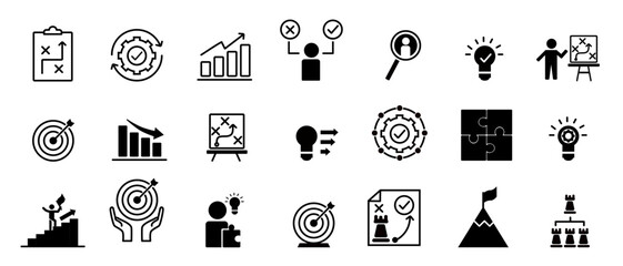 Strategy icon set. Containing goal, tactics, vision, plan, objective, roadmap, problem-solving, mission, solution and execution. Solid vector icons collection