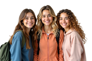 Cheerful college girls portrait, best friends smiling together, bonding and having fun. Studio shot, soft light, isolated on transparent background. Use for friendship, students, lifestyle content.