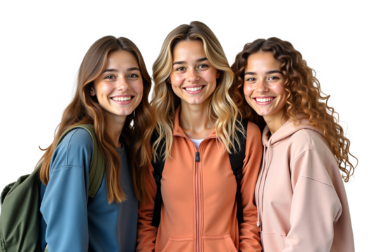 Cheerful college girls portrait, best friends smiling together, bonding and having fun. Studio shot, soft light, isolated on transparent background. Use for friendship, students, lifestyle content.