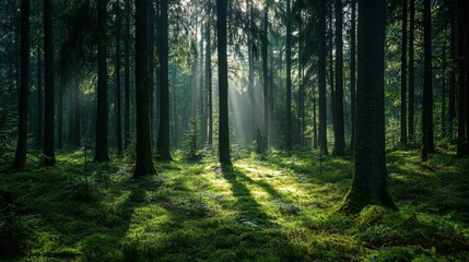 Obraz premium Sunlight Filters Through Dense Evergreen Forest in Soft Green Shadows