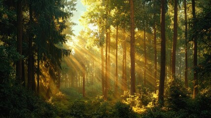 Fototapeta premium Dense Forest with Tall Ancient Trees Illuminated by Sunlight