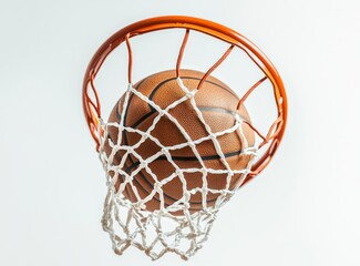 A Close-Up View of a Basketball Nestled in a Professional Basketball Goal Net Against a Neutral Background