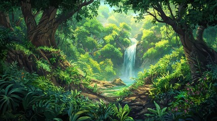 Fototapeta premium Lush Jungle Scene with Waterfall and Vibrant Greenery
