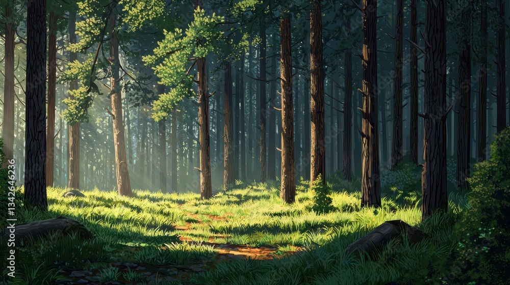 Poster soft light filtering through dense pine forest in natural setting