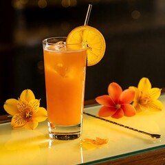 A refreshing glass of orange juice with ice cubes and a tropical flower garnish, placed on a warm-toned background.