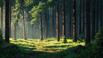 Fototapeta premium Soft Light Filtering Through Dense Pine Forest in Natural Setting