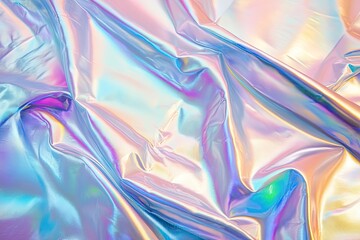 Iridescent fabric with flowing folds and pastel rainbow colors.