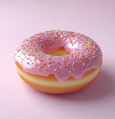 Delicious pink frosted donut with colorful sprinkles on pastel pink background ready for dessert lovers and food enthusiasts