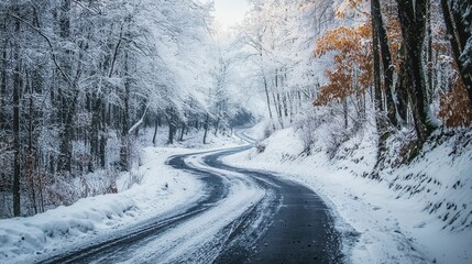 Obraz premium Serene Winter Road Through Hidden Mountain Pass Covered in Snow