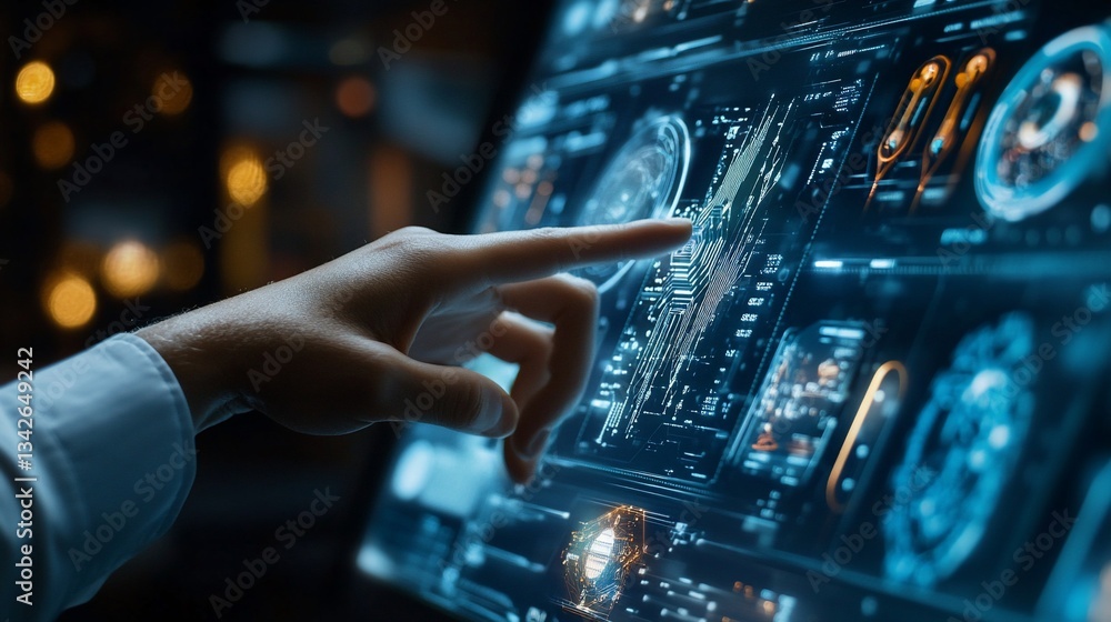 Aufkleber futuristic technology interface: hand interacting with advanced digital display