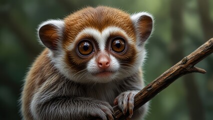 Obraz premium Adorable primate. Close-up of a curious, small lemur-like primate. It sits on a branch, displaying large eyes and a soft, furred face