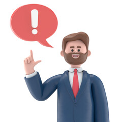 3D illustration of bearded american businessman Bob with exclamation mark in speech bubble.Transparent Background Mockup. Supports PNG files with transparent backgrounds.