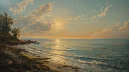 Obraz premium Peaceful Coastal Scene with Calm Waters and Gentle Sunlight Reflection