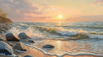 Peaceful Coastal Scene with Gentle Waves Lapping at Shoreline