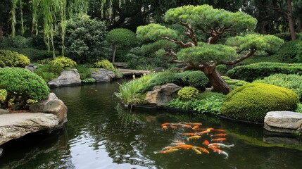 Tranquil Japanese Garden with Koi Pond and Lush Greenery