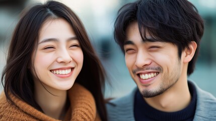 Smiling couple enjoys a sunny day outdoors in a lively urban setting with warm weather.